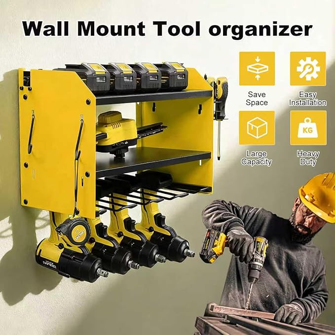 3 layers power tool organizer Loads 150lbs with 4 Cordless Drill Holder and 8 Outlet Power Strip,it’s good choice for husband birthday gift,yellow