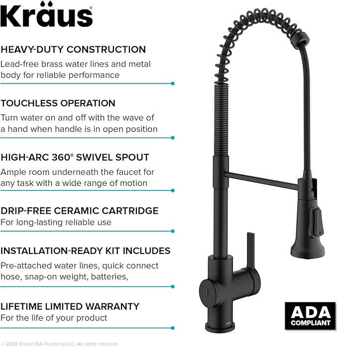KRAUS Britt Touchless Sensor Commercial Single Handle Pull Down Kitchen Faucet in Matte Black, KSF-1691MB