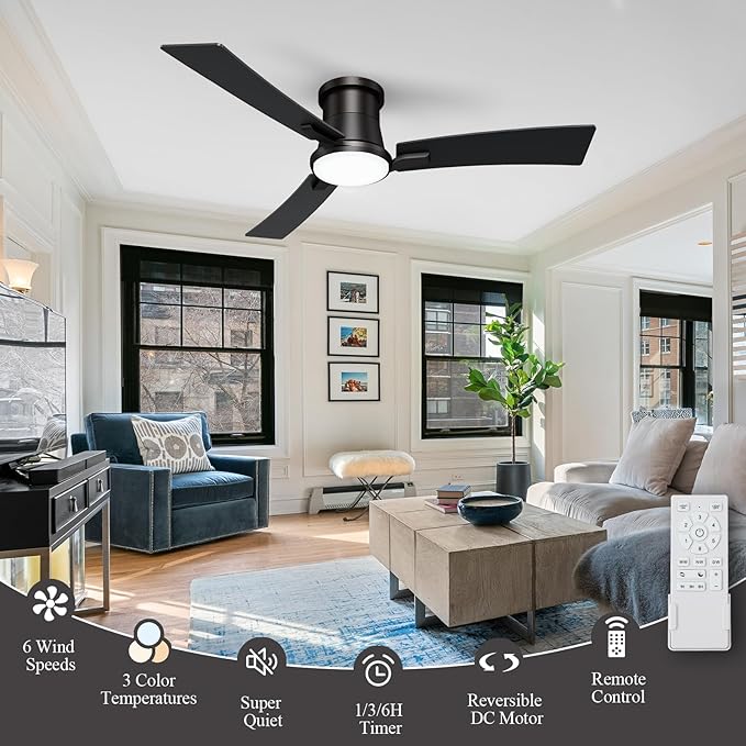 52 Inch Ceiling Fans Black Lights and Remote,White Low Profile Ceiling Fan with Light,Flush Mount,Reversible,6 Speeds,3CCT Dimmable,for Bedroom,Living Room,Indoor Patio
