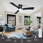 52 Inch Ceiling Fans Black Lights and Remote,White Low Profile Ceiling Fan with Light,Flush Mount,Reversible,6 Speeds,3CCT Dimmable,for Bedroom,Living Room,Indoor Patio