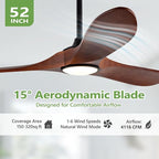 52 Inch Solid Wood Ceiling Fans with Lights 3CCT Dimmable Outdoor Ceiling Fan with Light and Remote Modern 3 Blades Propeller Ceiling Fans DC Motor for Patios Indoor Bedroom, Dark Walnut
