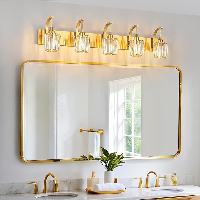Modern Bathroom Vanity Light, 5-Light Gold Wall Sconce with Crystal Accents, Over Mirror Bathroom Lighting Fixture, 42.52" Long Dimmable Vanity Lamp for Makeup, Easy Installation