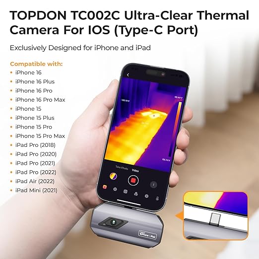 TOPDON TC002C Thermal Camera, 512 x 384 Super Resolution, 256 x 192 IR Resolution, Thermal Imager for iPhone 17/16/15 Series & iPads with Type-C Port, -4°F~1022°F Temp Range, Upgraded Version of TC002