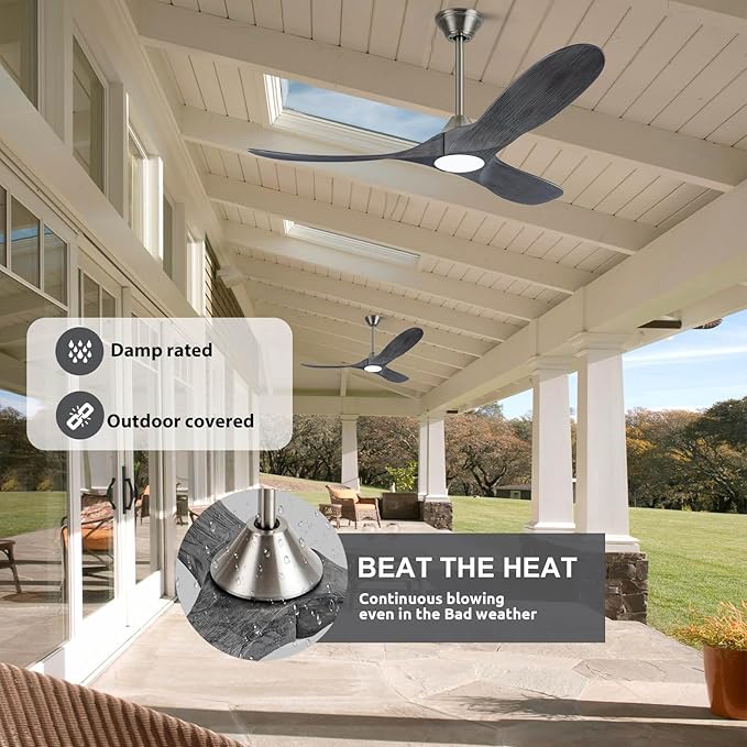 52 inch Ceiling Fans with Lights Solid Wood Outdoor Smart Ceiling Fan for Patio with Alexa/Tuya App, 3 Gray Propeller Blades, High CFM Ceiling Fan for Living Room Bedroom Gazebo, ETL Listed