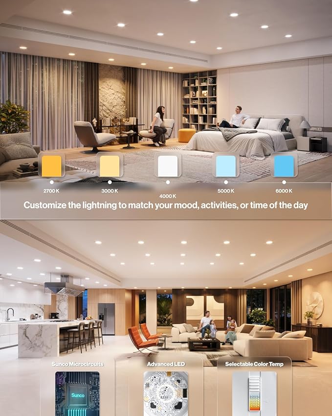 Sunco 20 Pack 6 Inch LED Recessed Light Retrofit, Can Lights for Ceiling, 1700 LM High Brightness, Selectable CCT 2700K/3000K/4000K/5000K/6000K, 17W=120W, Dimmable, Baffle Trim, Damp Rated UL