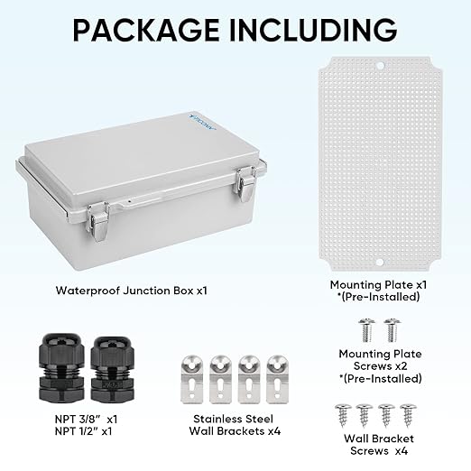 TICONN Waterproof Electrical Junction Box IP67 ABS Plastic Enclosure with Hinged Cover with Mounting Plate, Wall Brackets, Cable Glands (Off-White, 10.2"x6.3"x3.9")