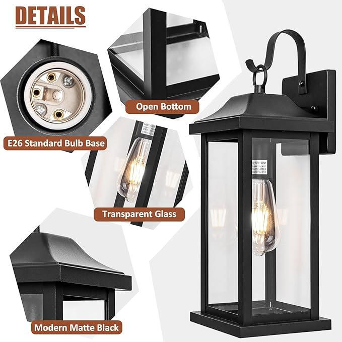Large Black Outdoor Wall Light 17 Inch, Exterior Light Fixture with IP65 Waterproof Clear Glass, Modern Outside Wall Sconce Porch Light for Front Door Backyard, Wall Mounted Lamp E26 Base