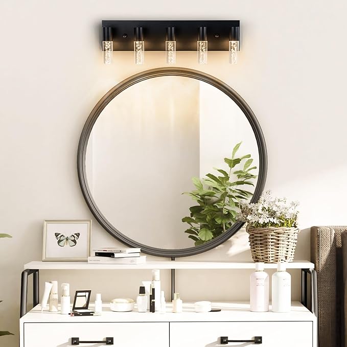 5-Light LED Vanity Light Fixture in Black - Modern Bathroom Lighting, Over Mirror Illumination | Multicolor Temperature 3000K/4000K/6000K | Stylish Bathroom Decor & Energy-Saving 25W Vanity Lighting