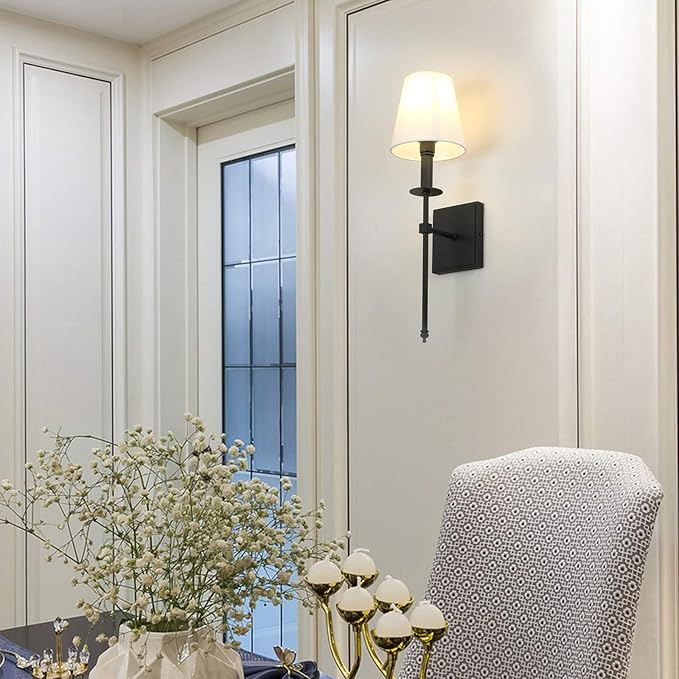 PERMO Single Classic Rustic Wall Sconce Lighting Fixture with Flared White Textile Lamp Shade and Black Tapered Column Stand, Hardwired, E26 Base