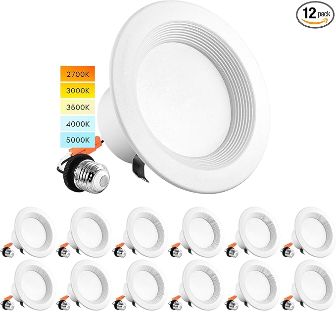 LUXRITE 4 Inch LED Recessed Can Lights, 10W=60W, CCT Color Selectable 2700K | 3000K | 3500K | 4000K | 5000K, Dimmable Retrofit Downlights, 750 Lumens, Energy Star, Wet Rated, Baffle Trim (12 Pack)