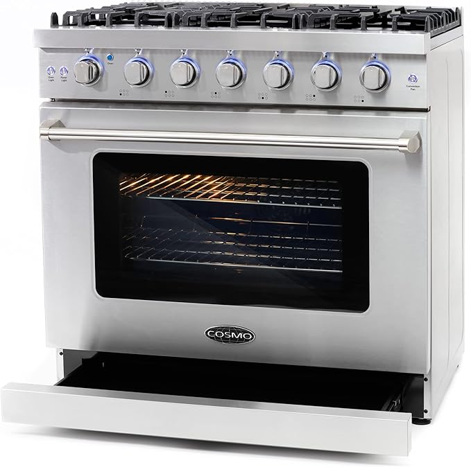 COSMO COS-EPGR366 36 in. Haven Collection 6.0 cu. ft. Gas Range, 6 Burners, Convection Oven, Knob LEDs, Storage Drawer, Stainless Steel