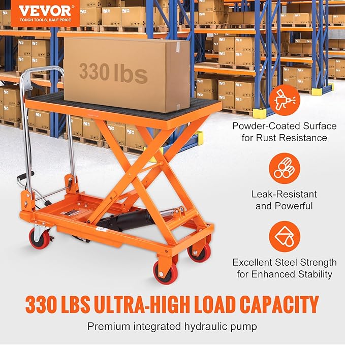 VEVOR Hydraulic Lift Table Cart, 330lbs Capacity 28.5" Lifting Height, Manual Single Scissor Lift Table with 4 Wheels and Non-Slip Pad, Hydraulic Scissor Cart for Material Handling and Transportation