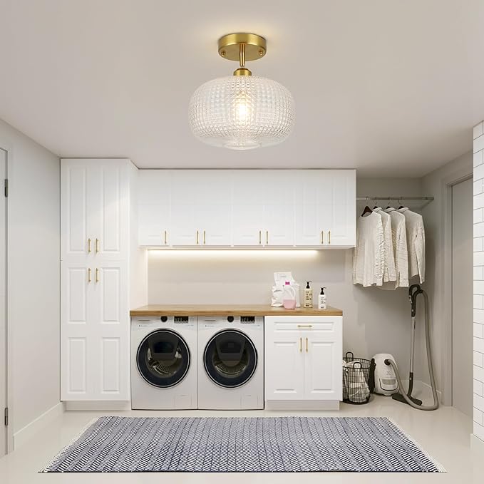 WILON Semi Flush Mount Ceiling Light Fixture, Brushed Brass Gold Light Fixture with Globe Glass Shade, Modern Vintage Ceiling Lamp for Bathroom Hallway Entryway Bedroom Nursery Laundry Room Kitchen