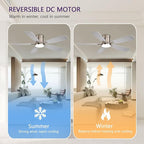 52 inch Ceiling Fans with Lights, Flush Mount Ceiling Fan with Light and Remote/APP Control, DC Motor, Dimmable LED, Noiseless, Low Profile Ceiling Fan for Bedroom Indoor/Outdoor Use (Nickel
