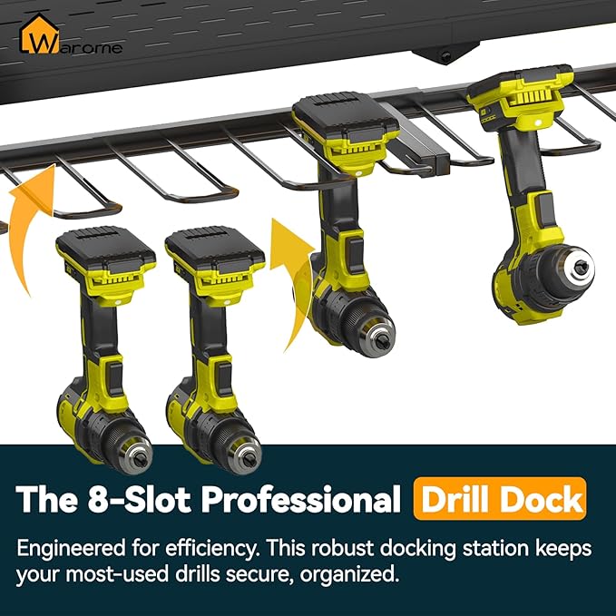 Warome Garage Power Tool Organizer with 8-Outlet Power Strip, Tool Storage Rack Wall Mount with 8 Cordless Drill Holders, Tool Organization Shelf with Charging Station in Black