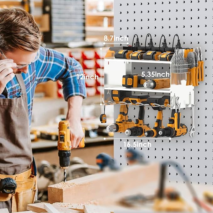 CCCEI Modular Power Tool Organizer Wall Mount with Charging Station. Garage 4 Drill Storage Shelf with Hooks, Drill Bit Heavy Duty Rack, Silver Tool Battery Holder Built in 8 Outlet Power Strip.