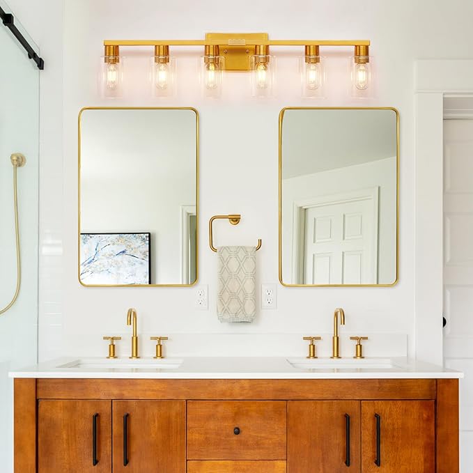 6 Light Bathroom Light Fixtures, Large Gold Bathroom Vanity Light with Clear Glass Shade, Brushed Brass Gold Bathroom Lighting Fixtures Over Mirror, Modern Wall Scones for Bedroom Living Room