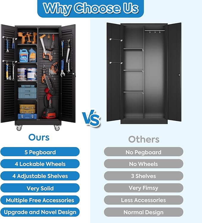 Garage Storage Cabinet with Wheels and 4 Shelves, Metal Broom Closet Storage Cabinet with Hanging Rod, Pegboard and 13 Hooks for Garage Home, Black, Assembly Required