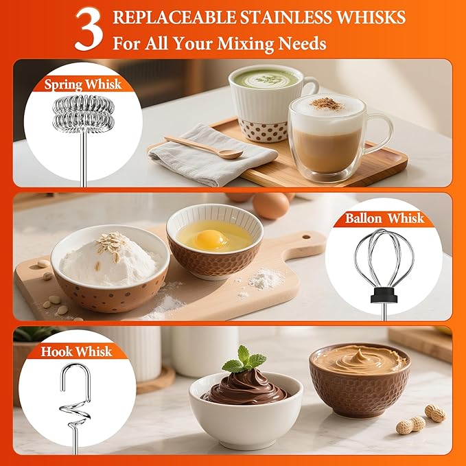 Milk Frother, Rechargeable & Handheld Frother Wand for Coffee, 3 Speed Adjustable Drink Mixer With 3 Stainless Whisks for Matcha, Lattes, Cappuccino, Egg, Electric Whisk Foam Maker (Black)