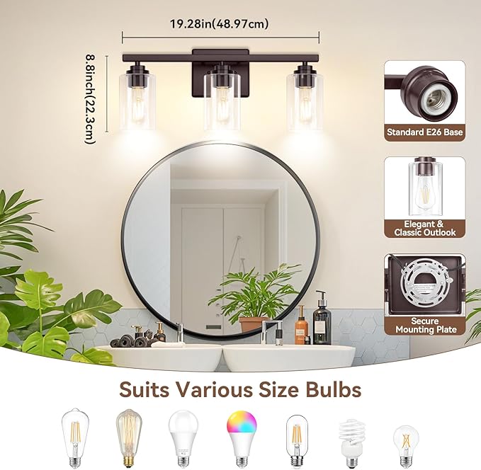3-Light Bathroom Light Fixtures, 19" Modern Vanity Lights Over Mirror with Clear Glass Shades, Brown Light Fixture, Classic Wall Light Fixture for Mirror Living Room Cabinet Bedroom Porch