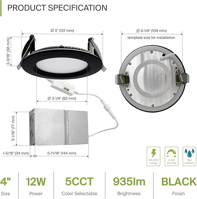 ASD Recessed Lighting 4 Inch, Round Commercial LED Downlight, Mini Panel Baffle Trim, 12W 120-277V, 5 CCT 2700K-5000K, Dimmable LED Ceiling Light Fixture, Black, ETL, 6 Pack