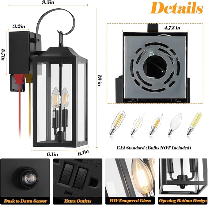 Large Porch Lights with GFCI Outlet, 19" Black Dusk to Dawn Outdoor Wall Lantern 2-Light, Exterior Lighting Fixtures with GFCI Outlet Built-in, Waterproof Outdoor Wall Sconce for House Front Door