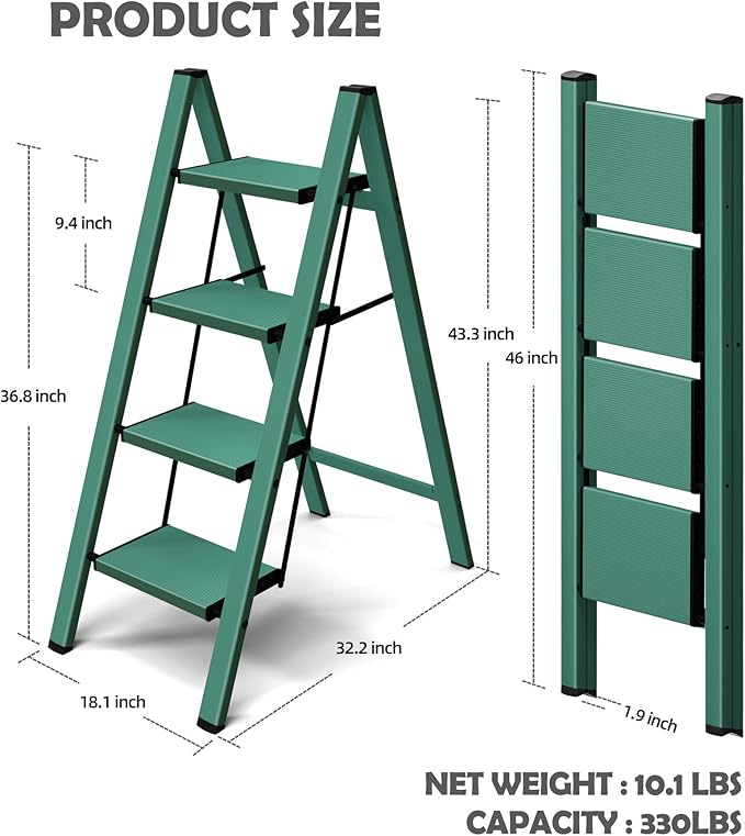Taranta 4 Step Ladder,Aluminum Lightweight Folding 4 Step Stool with Anti-Slip Wide Pedal,330lbs Capacity Step Ladder for Household,Kitchen,Office - Green