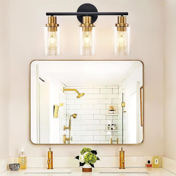 DLLT 3-Light Bathroom Light Fixtures: Black and Gold Modern Vanity Lights with 3 E26 Bulbs - Clear Glass Shade Bathroom Wall Lamp for Mirror Kitchen Living Room Hallway Cabinet Porch
