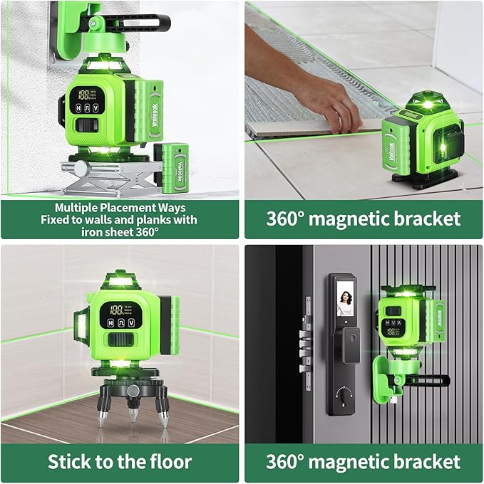16 Line Laser Level 360 Self Leveling, 4x360°Professional 4D Green Cross Line laser Level with 2 Batteries,for Construction and Picture Hanging, Horizontal Line leveler Tool (Green)