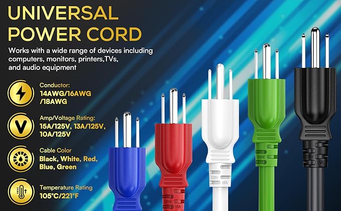 CableLeader 8ft 18 AWG Universal Power Cord IEC320 C13 to NEMA 5-15P, Extension Power Cord, Compatible with Computers, Monitors, Printers & TVs, Black