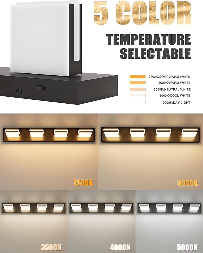 VOLISUN 5CCT Bathroom Light Fixtures Over Mirror, Dimmable, 360°Rotatable Head, 30 inch, 4 Light Bathroom Vanity Light Fixtures, Black LED Vanity Lights for Bathrooms-ETL Certificated