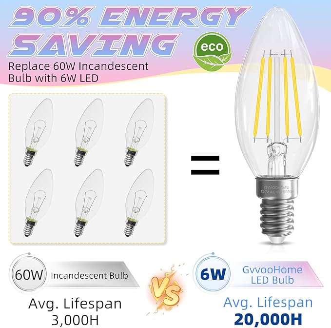 Candelabra Light Bulbs 5000K Daylight, 6W Equivalent to 60 watt, E12 LED Bulb Non-Dimmable, LED Chandelier Bulbs, B10 Candle Bulb, 90+CRI, 600LM, Cear Glass, 6 Pack