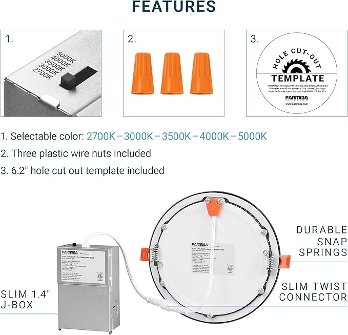 PARMIDA (6 Pack) 6 Inch 5CCT Ultra-Thin LED Recessed Lighting with J-Box, 2700K/3000K/3500K/4000K/5000K 5 Color Selectable, 12W, Dimmable, Canless Slim Panel Lights, ETL, Oil Rubbed Bronze Finish