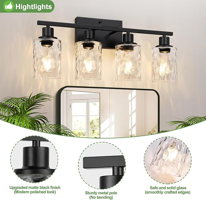 4-Light Bathroom Light Fixtures, Matte Black Vanity Light with Crystal Glass Shades for Mirror, Living Room, Bedroom, or Porch