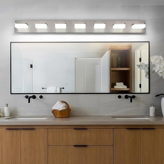 7-Light Bathroom Vanity Light Fixture Over Mirror, Nickel LED Vanity Lighting Fixtures, 45.67 inch Modern Bathroom Wall Light Fixtures with Rotating Lamp Head