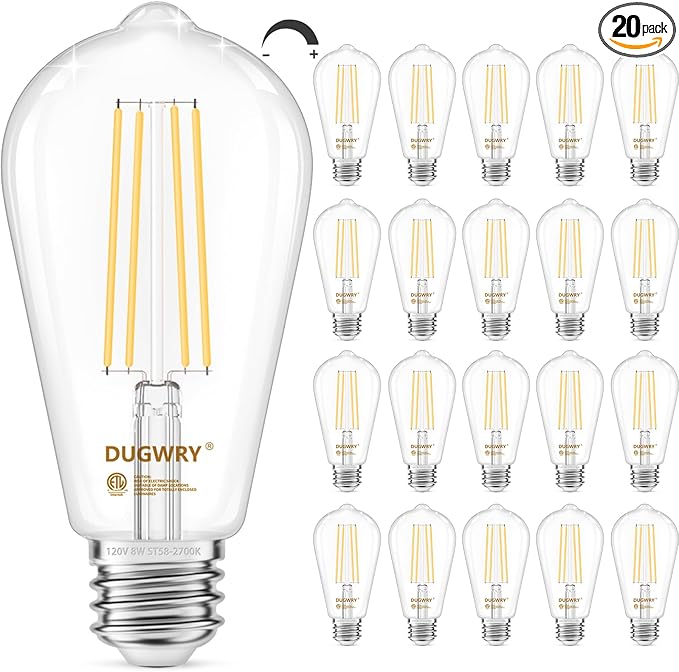 8W LED Edison Light Bulbs 60 Watt Equivalent, Dimmable ST58 Vintage Light Bulbs 800LM, E26 Medium Base, Antique Clear Glass Filament Bulbs, 2700K Warm White, CRI 85, 20-Pack