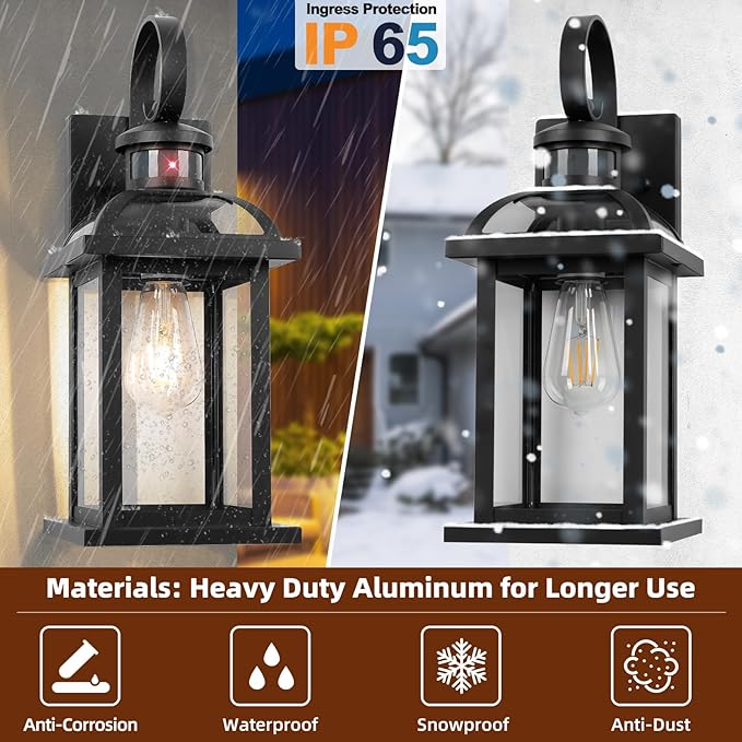 Motion Sensor Porch Lights Dusk to Dawn 16 Inch, 2-Pack Aluminum Anti-Rust Black Large Outdoor Sconces Wall Mounted House Lighting Exterior Coach Lights Patio Light Fixtures, E26