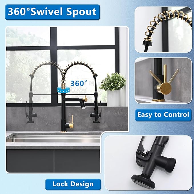Fapully LED Kitchen Faucet with Pull Down Sprayer,Black&Gold Commercial Kitchen Faucet for Kitchen Sink