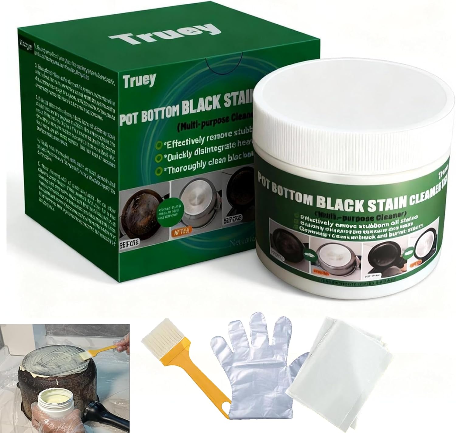 Truey Pot Bottom Black Stain Cleaner Set, 400g, Pot and Pan Bottom Cleaning Paste, Powerful Kitchenware Cleaner, Cooktop Pot Cleaner Effortless for Burned Cookware, Multi-purpose Oil Stain Remover