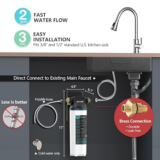 Frizzlife SW10 Under Sink Water Filter System, NSF/ANSI 53&42 Certified, Reduces 99.99% Lead, Chlorine, Bad Taste & Odor, Direct Connect Water Filter, 8K Gallons High Capacity, 0.5 Micron, USA Tech