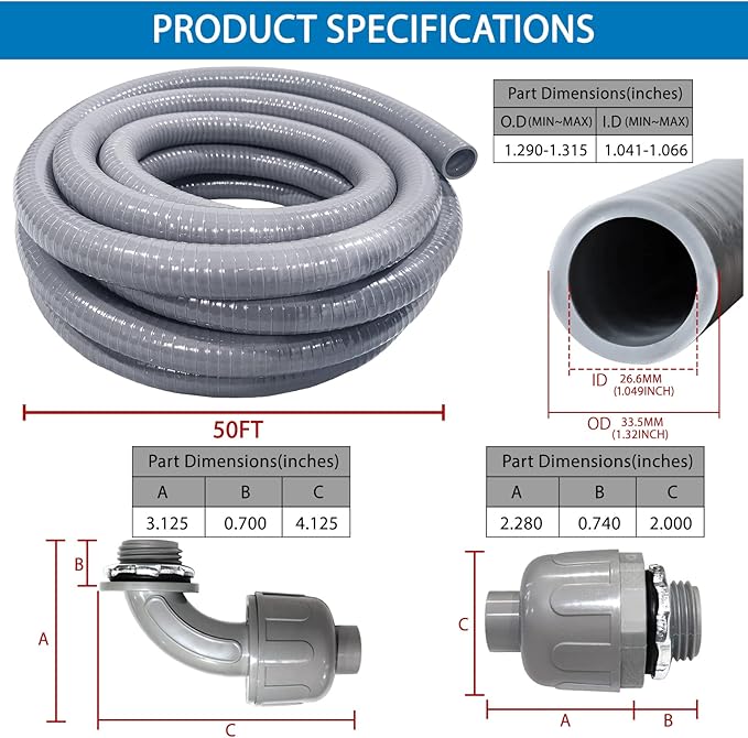 1inch 50ft Electrical Conduit Kit,Liquid-Tight Conduit and Connector Kit with 5 Straight and 3 Angle Fittings Included,Flexible Non -Metallic Liquid Tight Electrical Conduit(1" Dia, 50 Feet)