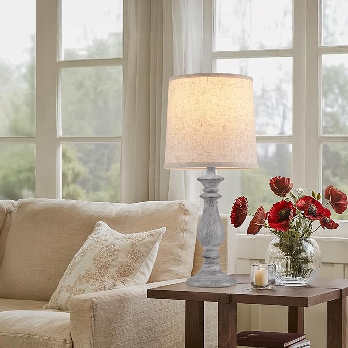 Lamps Set of 2 Vintage Rustic Farmhouse Table Lamps Bedside Reading Lamp Bedroom Nightstand Living Room Teapoy Lamp, Desk Light, 22 Inch High,Light Grey, with Fabric Shade, Bulb Not Included