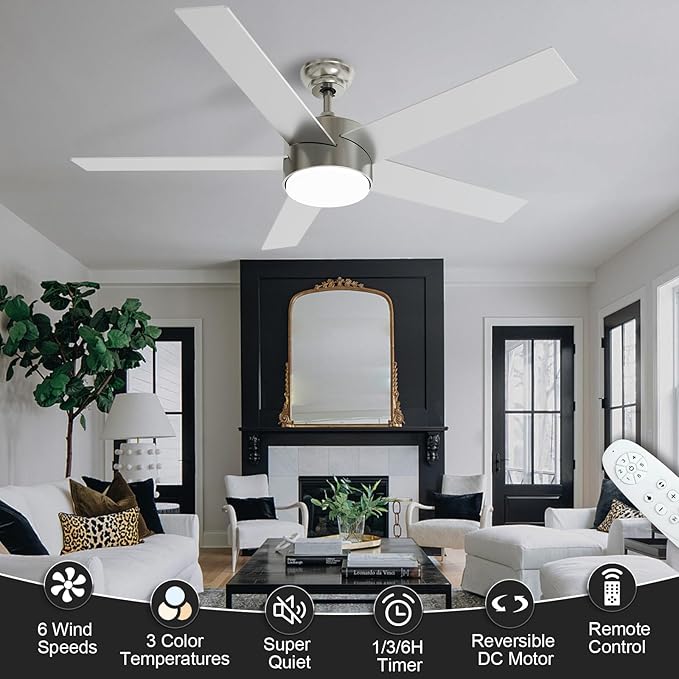 52 Inch Brushed Nickel Ceiling Fans with Lights,Ceiling Fan with Remote Control,Reversible DC Motor,3 CCT 6-Speed,Noiseless Ceiling Fan for Bedroom,Living Room,Dining Room,ETL Listed