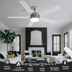 52 Inch Brushed Nickel Ceiling Fans with Lights,Ceiling Fan with Remote Control,Reversible DC Motor,3 CCT 6-Speed,Noiseless Ceiling Fan for Bedroom,Living Room,Dining Room,ETL Listed