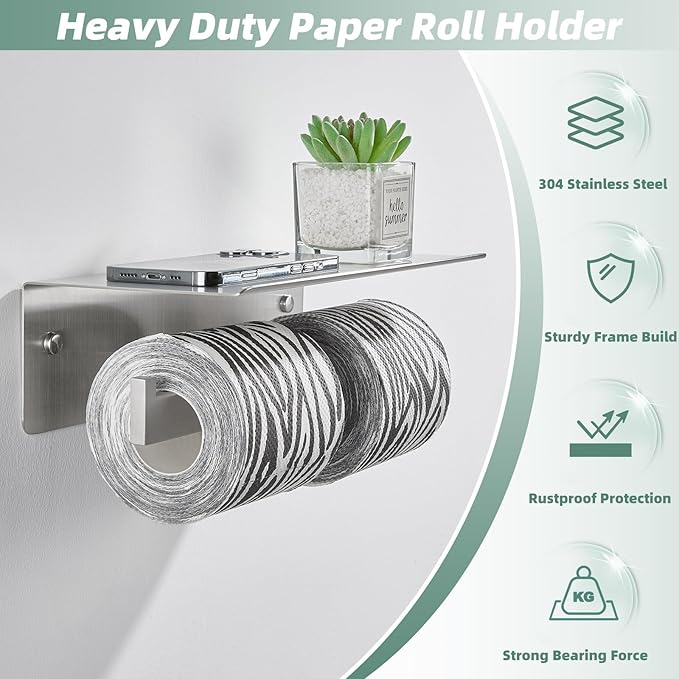 APLusee Double Toilet Paper Holder with Shelf, 304 Stainless Steel Brushed Nickel Bathroom Tissue Holder, Commercial Paper Roll Dispenser Wall Mounted