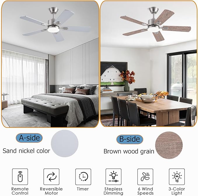 42 inch Modern Ceiling Fans with Lights APP/Remote Control, Low Profile Reversible 6 Speeds Dimmable Ceiling Fan Light for Indoor/Outdoor Bedroom Living Room（Nickel）