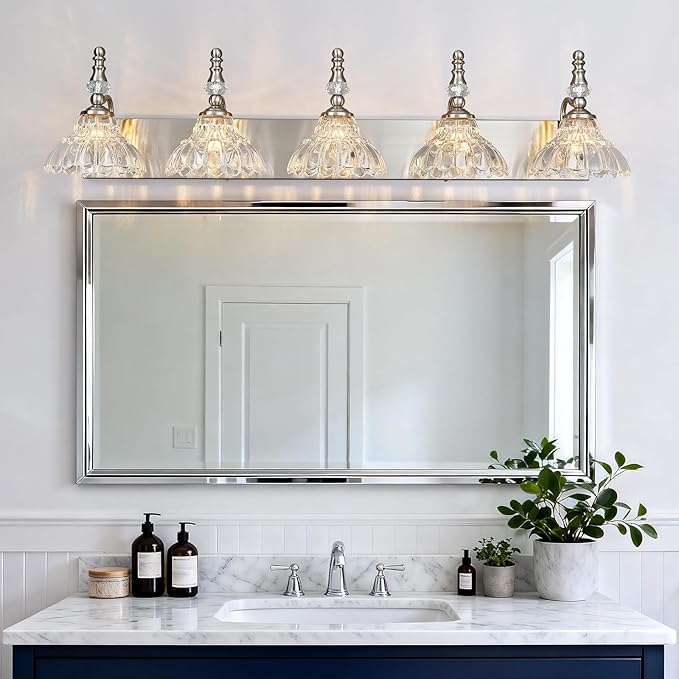 Vintage Bathroom Vanity Light, 5-Light Brushed Nickel Vanity Lighting Fixture with Flower Glass Shade, Bathroom Lighting Fixtures Over Mirror