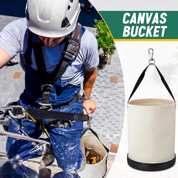 2 Pack Utility Canvas Tool Bucket 15" x 12" All Purpose Canvas Bucket Bag, Truck Tool Organizer with Plastic Bottom Metal Hook for Store Work Accessory, Load Capacity up to 150 Lbs (White)