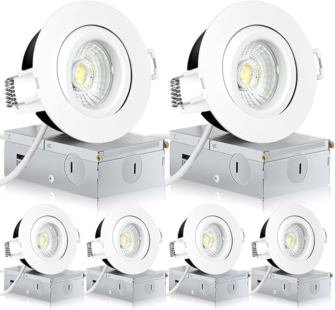 3 Inch Recessed Lighting 6 Pack, Ajustable Eyeball recessed Light with Junction Box,5 Color Selectable,Airtight,5W 550LM,Dimmable,White