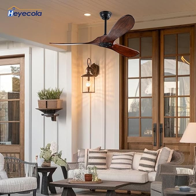 52" Walnut Wood Ceiling Fans,Outdoor Ceiling Fan without Light for Patios,3 Blade Small Propeller Fan Ceiling Mount for Outside Pergola,6 Speed Reversible Quiet DC Motor Fan for Bedroom
